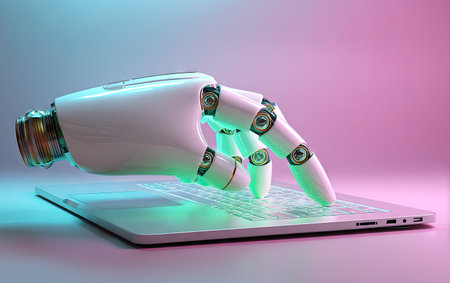 A robotic hand, rendered in white and metal, interacts with a laptop keyboard. The composition features a vibrant background of pink and blue. The image suggests themes of technology, automation, and communication. It is suitable for diverse commercial applications.の素材