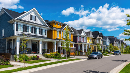 A row of houses with different colors stands along a road, with trees and blue sky. Two cars are driving in the street. The image captures a bright, daytime scene. The composition highlights the architectural diversity of the houses and suggests a suburban setting, suitable for illustrating real estate or community themes.の素材