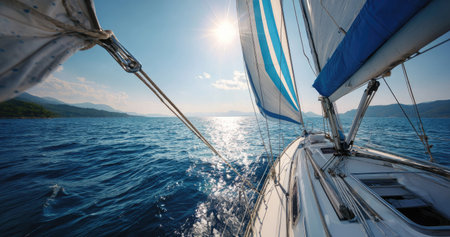 A sailboat navigates across the blue ocean under a bright sun. White and blue sails are catching the wind. The composition shows a low angle perspective with visible rigging. This image could be used in commercial projects related to travel, leisure, and nautical themes.の素材