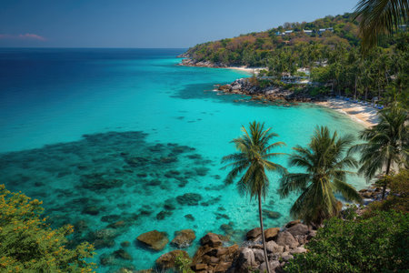 A breathtaking panorama showcases a coastal scene with vibrant turquoise water and lush green vegetation. Palm trees line the shoreline, and the sky blends seamlessly with the horizon. This composition uses natural light and presents potential for commercial or editorial uses related to travel and nature themes.の素材