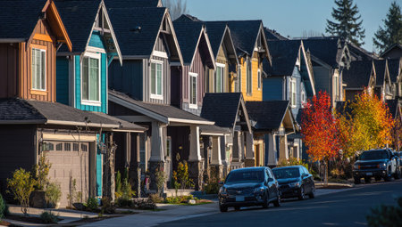 A row of houses with various colors are shown in the image with cars parked on the road. The houses have multiple windows and a garage. The composition is captured with natural sunlight, highlighting the colors and textures. This image is suited for illustrating themes like residential living and real estate.の素材