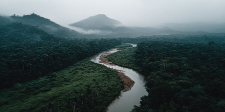 A river meanders through a dense, green forest, under a hazy, overcast sky. The landscape features rolling hills and the water's edge, creating a naturalistic composition. The image presents various textures, from the flowing water to the foliage, and the muted color palette suggests a tranquil setting. Suitable for environmental or travel-themed visuals.の素材