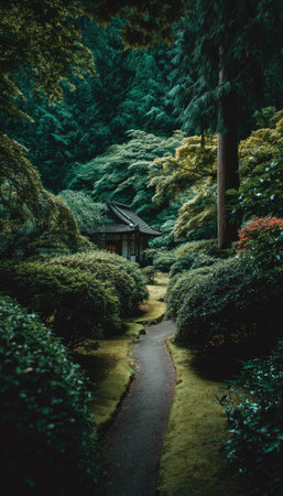 A winding path disappears into a verdant forest, leading towards a traditional building. The image showcases a harmonious blend of green foliage and natural light. It can be used in various commercial and editorial contexts. The scene evokes a feeling of tranquility, with dense trees and a pathway.の素材