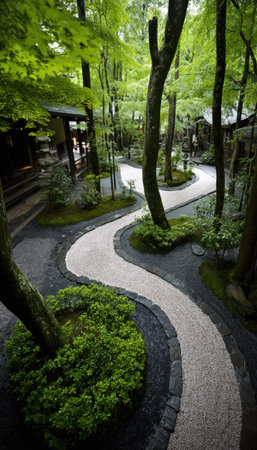 A pathway curves through a garden, surrounded by trees and dense foliage. The scene showcases a blend of textures and colors, from the smooth path to the varied greens of plants. The overhead lighting suggests a day setting, potentially suitable for landscape design or travel-related content.の素材