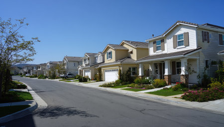 A street lined with houses bathed in sunlight. The composition features a paved road leading into the distance, flanked by various detached homes. The scene is bright, with a clear blue sky overhead and green grass and landscaping in front of the houses. Suitable for general real estate or lifestyle themes.の素材