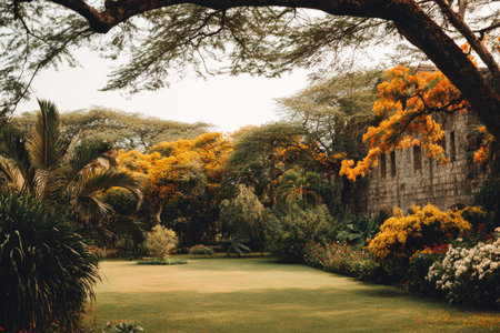This image showcases a meticulously landscaped garden with a variety of trees and plants. The composition features an architectural element, possibly a building or wall, blending with the natural environment. Warm sunlight illuminates the scene, highlighting the different textures and colors. Suitable for editorial use or as a backdrop for various commercial applications.の素材