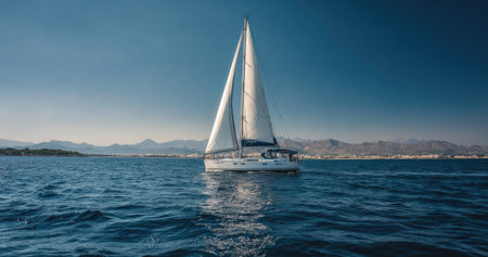 A sailboat navigates across a vast expanse of water under a bright, cloudless sky. The image displays the vessel's white sails and hull contrasted against the deep blue of the ocean and sky. The composition offers ample copy space, suitable for various commercial and editorial applications.の素材