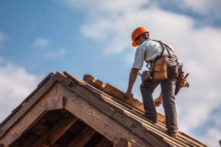 A roofer is seen working on a wooden roof under a bright blue sky with fluffy clouds. The image showcases the workerの素材