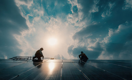 Two workers install solar panels on a roof against a backdrop of a dramatic cloudy sky illuminated by bright sunlight. The scene showcases a dark, sleek surface contrasting with a vast, atmospheric sky. It may be useful for illustrating renewable energy concepts, environmental themes, or commercial projects.の素材