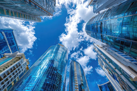 The image showcases towering skyscrapers reaching towards a vibrant blue sky dotted with clouds. The buildings display modern architectural styles with reflective glass facades. The composition is a low-angle shot, emphasizing the height and scale of the structures. This image is suitable for commercial use, representing urban landscapes and infrastructure.の素材
