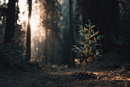 A young plant is depicted in a forest environment, bathed in sunlight. The image showcases a dark, atmospheric composition with muted colors and a focus on natural light. The scene may be suitable for use in environmental, ecological, or nature-themed content, potentially for editorial or commercial applications.の素材