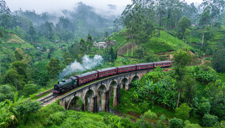 A steam train crosses a stone bridge within a verdant landscape. The scene features a train with red carriages, surrounded by vibrant green foliage and trees. The composition utilizes natural light, suggesting an outdoor setting, possibly for travel or tourism related purposes.の素材