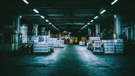 This interior shot presents a warehouse scene, showcasing neatly stacked packages under bright, overhead lights. The composition features a symmetrical arrangement with a focus on the packed inventory. The industrial aesthetic, enhanced by a cool color palette, suggests a setting for distribution and storage, suitable for commercial purposes.の素材