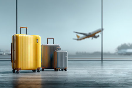 Three pieces of travel luggage are set on a shiny surface, viewed from the interior of an airport. The foreground features a bright yellow suitcase, a gray one, and a smaller gray carry-on. Through the window, an airplane is ascending against a soft, cloudy sky. Suitable for travel promotions.の素材