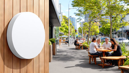 A white, circular sign hangs on a wooden wall. The image shows an outdoor cafe with people seated at tables, trees, and a street. Sunlight illuminates the scene, creating shadows. The photo could be used for advertising, marketing materials, or editorial content.の素材