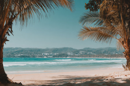 A tropical beach scene features a sandy shore, turquoise ocean, and blue sky. Palm trees frame the view, casting shadows on the beach. Gentle waves roll towards the coast. This image could be used in various commercial and editorial projects, representing travel and relaxation.の素材