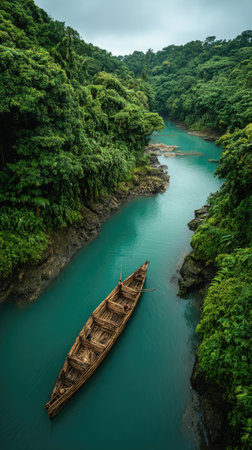 A wooden boat drifts along a turquoise river surrounded by a dense forest. The image showcases natural green foliage, creating a vibrant contrast with the water. The scene is illuminated with soft, diffused light suggesting an outdoor setting. This photograph could be used for travel brochures or nature-themed publications.の素材