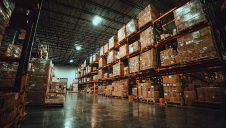 A warehouse interior displays stacked boxes on shelves, organized for logistics. The scene features muted colors with overhead lighting. The composition suggests a large-scale storage facility. This image is suitable for illustrating themes of supply chain management and distribution.の素材
