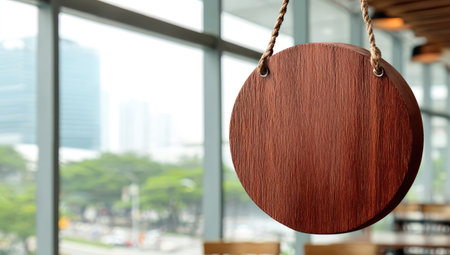 A close-up showcases a round wooden signboard suspended by rope. The signboard's rich brown texture contrasts against the blurred backdrop of a window, revealing city buildings and green trees. The composition uses natural lighting, suitable for various commercial and advertising applications.の素材