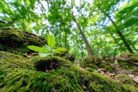 A small plant with vibrant green leaves emerges from a bed of moss. The image showcases a close-up perspective of the foreground and blurs into a forest setting. The sunlight filters through the trees creating an idyllic daytime scene. This image could be used in various commercial projects.の素材