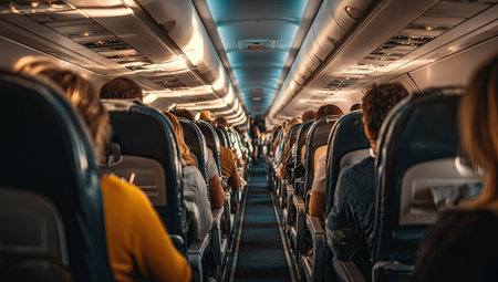 Inside an airplane cabin, rows of passengers sit in seats. The composition features soft lighting, highlighting the textures of the seats and the people. This image presents a perspective suggesting a journey. It could be used in various applications for travel or transportation themes.の素材