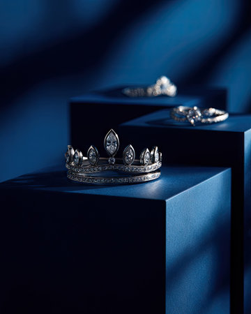 An arrangement of elegant rings and a crown sit atop dark blue geometric platforms. The objects display bright highlights contrasting with a deep, saturated blue. The composition features a close-up shot, utilizing strong lighting, suggesting a studio environment suitable for luxury product promotion and editorial use.の素材