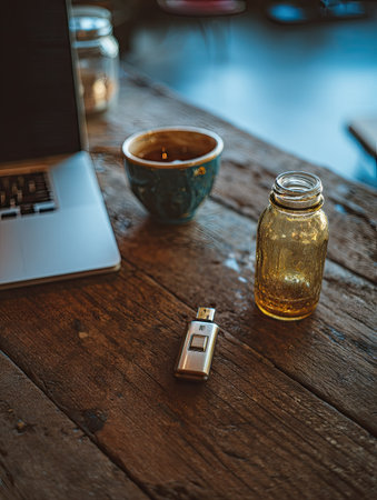 A laptop, cup, small jar, and USB flash drive sit on a rustic wooden table. The composition utilizes natural lighting and a shallow depth of field, creating a warm, inviting atmosphere. The colors are muted, with warm browns and golds complementing the cool blue background. The image could be used for business, lifestyle, or product-related purposes.の素材