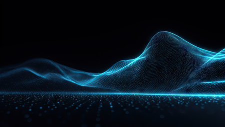 An abstract image showcases a digital landscape, featuring undulating blue lines against a stark black background. The composition highlights a sense of depth with a focus on light and shadow. This image could be used for presentations, websites, or other commercial projects requiring a modern, technological aesthetic.の素材