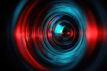 A close-up view presents a circular lens reflecting vibrant red and blue light. The image showcases a macro style with detailed textures and a dark background enhancing the illuminated elements. Suitable for illustrating technological themes and design concepts in various creative projects.の素材