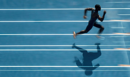 A silhouetted runner is captured in mid-stride against a blue track, exhibiting motion blur. The image shows a dynamic composition with parallel lines and shadows. This visual can be used in projects requiring a representation of speed, movement, or athletic achievement in various commercial or editorial contexts.の素材