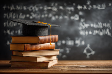 A stack of books, topped with a graduation cap, is positioned in front of a chalkboard filled with mathematical formulas. The warm lighting highlights the texture of the books and cap. This image could be used for educational projects, representing learning, or conveying academic achievement in various commercial applications.の素材