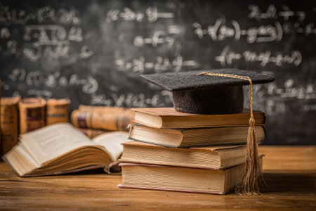 A graduation cap rests on a stack of books against a chalkboard background. The composition employs warm tones with contrasting dark shadows. Detailed textures are visible on the books and cap. The scene suggests the environment of a classroom or study, suitable for illustrating learning, education, and academic achievements.の素材