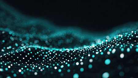 An abstract digital wave is depicted with a dark background, composed of countless glowing dots. The image exhibits shades of teal and white, creating a sense of depth and movement. The lighting emphasizes the three-dimensional structure, suitable for various design projects and commercial applications.の素材