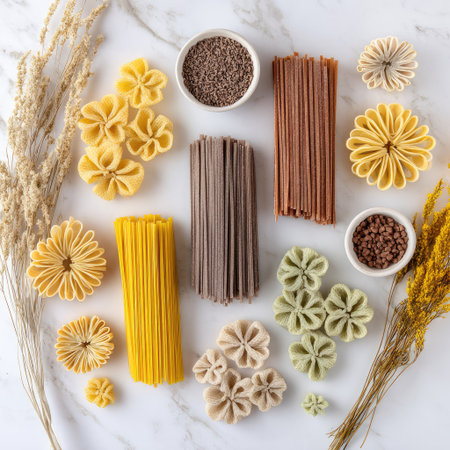 An overhead view showcases various pasta shapes and types, artfully arranged on a white marble surface. The composition features colorful arrangements of pasta against the backdrop of white surface. The lighting is natural, and the overall aesthetic is clean and visually appealing, suitable for culinary and food-related content.の素材