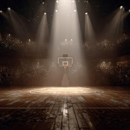 A well-lit basketball court is shown with a hoop at the center. The arena is filled with spectators. Strong overhead spotlights illuminate the court, and create a sense of anticipation. The warm colors and detailed textures of the wooden floor and the visible crowd provide a visually compelling scene suitable for commercial or editorial projects.の素材