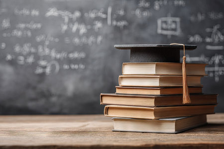 A stack of books is topped by a graduation cap, set against a chalkboard filled with equations and symbols. The composition uses warm lighting and focuses on the textured books on a wooden table, suggesting an indoor environment. The image could be used for educational materials or academic advertising.の素材