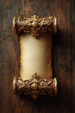 An aged parchment scroll is displayed, featuring decorative gold and brown embellishments. The composition is a close-up shot on a wooden surface, creating a textural contrast. The warm lighting and aged appearance suggest a historical setting, ideal for various commercial projects and editorial uses.の素材