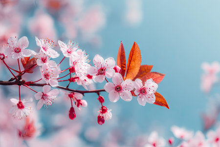 A close-up captures a flowering branch adorned with numerous pink blossoms and orange leaves, set against a serene soft blue backdrop. The composition highlights the textures of petals and the branch. This visual can be used for nature-themed projects and illustrations in diverse commercial and editorial contexts.の素材