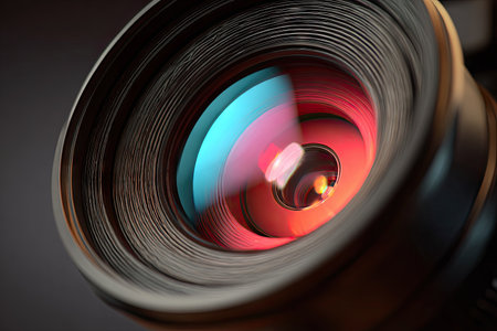 A detailed close-up showcases a camera lens with intricate optical elements. Reflective surfaces capture red and blue light within the lens, creating a vibrant visual effect. The composition suggests a studio or workshop environment, possibly ideal for content creation or design projects. The image is suitable for commercial purposes, advertising, and illustrating technology.の素材