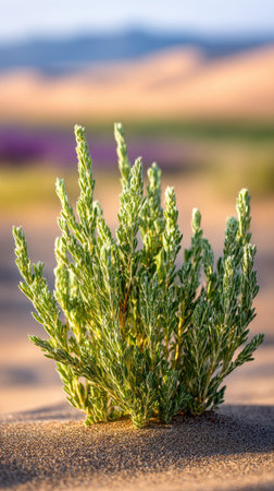 A small green plant is featured in the foreground, with the focus on its textured leaves. The surrounding environment has a sandy ground and a soft, blurred background with hints of purple and blue. The composition suggests an outdoor setting with natural lighting, potentially suitable for various commercial projects.の素材