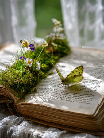 An open book displays text with a butterfly resting on its pages. The book has vibrant moss and small flowers arranged along its spine, set near a window with sheer curtains. Soft natural lighting and a close-up perspective highlight the details, perfect for conceptual projects.の素材