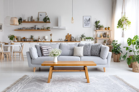 A light-filled living room presents a cozy setting featuring a grey sofa and wooden coffee table. The space is adorned with house plants, white walls, and wooden shelves. It evokes a sense of spaciousness and comfort suitable for various commercial applications, including home decor and lifestyle content.の素材