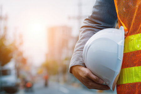 A construction worker is seen holding a white safety helmet. The image displays a portion of the worker in an orange and yellow safety vest. Soft sunlight illuminates the scene, which may be outdoors or in a construction environment. Suitable for various commercial applications involving construction themes and safety.の素材