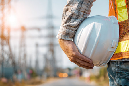 A construction worker, wearing a safety vest, holds a white hard hat against a blurred backdrop of power plant infrastructure. The image is bathed in sunlight creating a warm, inviting atmosphere. This photograph could be suitable for illustrating topics related to energy, industry or construction.の素材