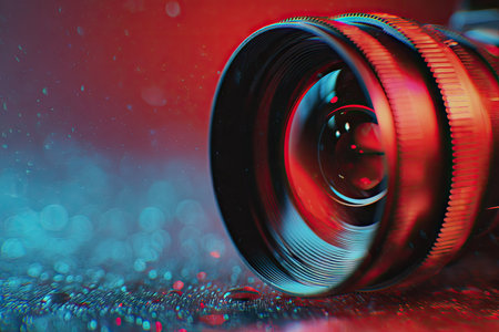 A close-up image highlights a camera lens, prominently displayed against a backdrop of mixed colors. The composition features a circular focus and a textured surface. The lighting suggests an indoor studio setup. This image could be used for various visual projects.の素材