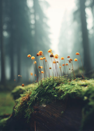 A collection of small orange wildflowers grow from a patch of moss-covered ground in a foggy forest. The composition focuses on the details of the vegetation with blurred forest trees in the background. The scene presents a tranquil and natural atmosphere suitable for various creative projects and editorial uses.の素材