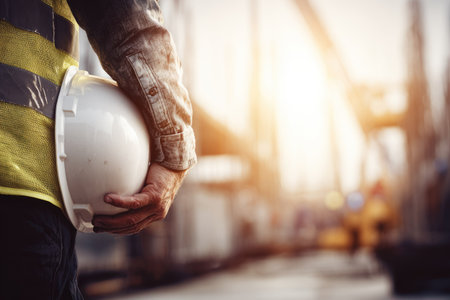 A worker in a yellow and black vest holds a white helmet. The image displays a close-up of the worker's arm and hand against a blurred background. The lighting suggests an outdoor setting, possibly on a construction site. This image is suitable for various commercial and editorial applications.の素材