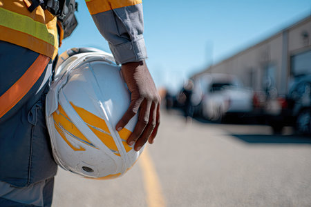 A worker stands with a helmet, showcasing safety gear. The image features a close-up of the person with the helmet with vibrant colors and strong lighting. It suggests an outdoor setting with a background of buildings and vehicles, potentially suitable for industrial or safety-related commercial projects.の素材