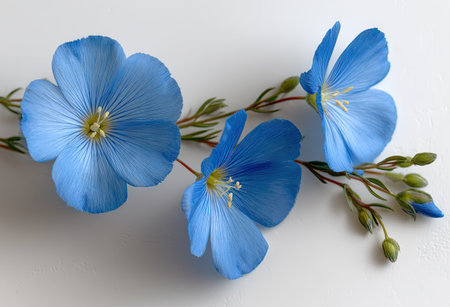 Three vibrant blue flax blossoms are displayed against a bright white backdrop, their delicate petals showcasing fine details. The composition highlights the flowers' form with a focus on their textures. This image may be suitable for use in nature-related articles, design projects, or decorative applications.の素材