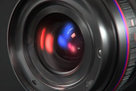 A close-up shot features a camera lens with intricate details. The lens is predominantly black, exhibiting metallic textures and concentric rings. Reflections of red and blue light are visible on the glass. The image employs shallow depth of field against a dark background. It is suitable for visual content creation.の素材